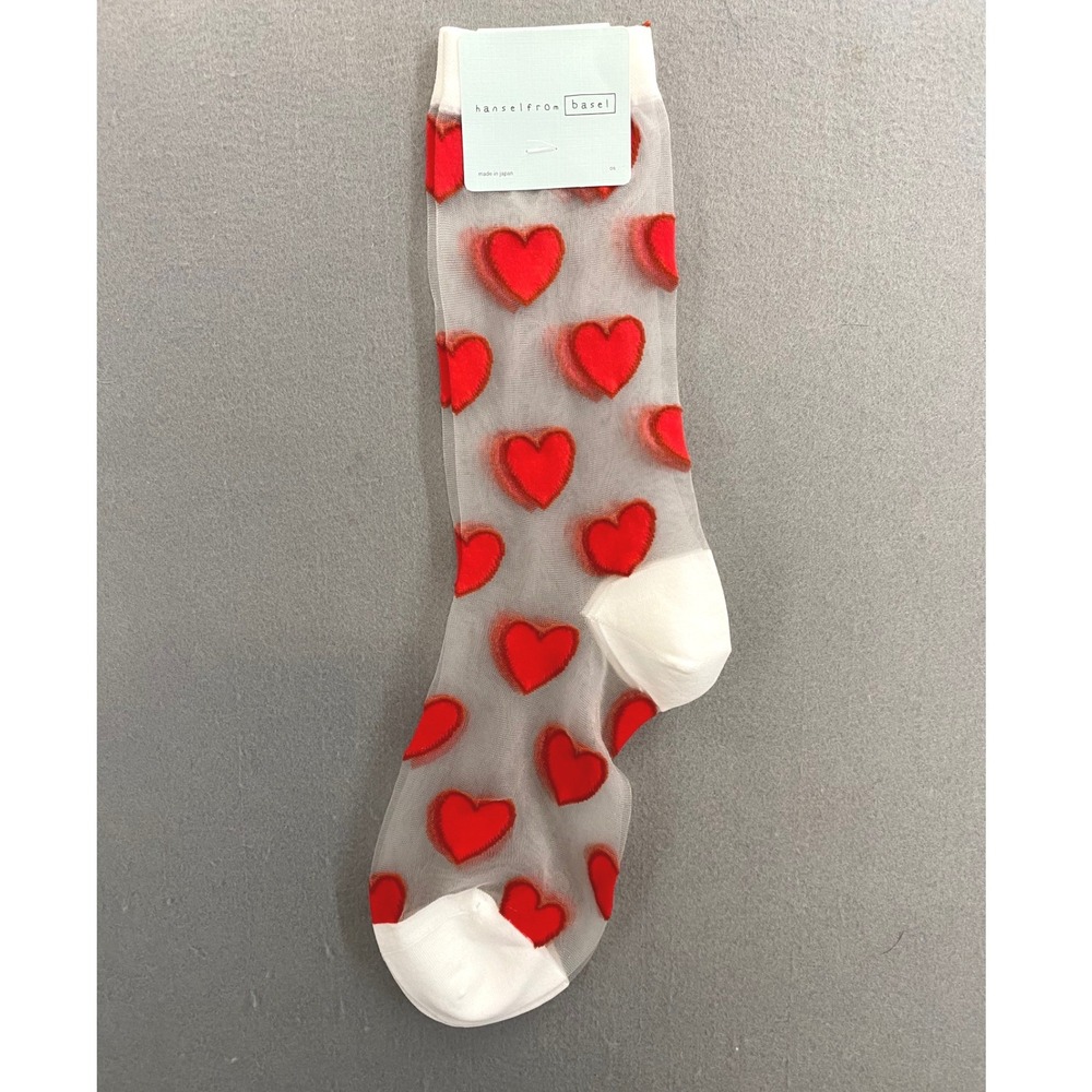 Hansel from Basel Women Sheer Mesh Heart Crew Socks Ivory Red Made in Japan